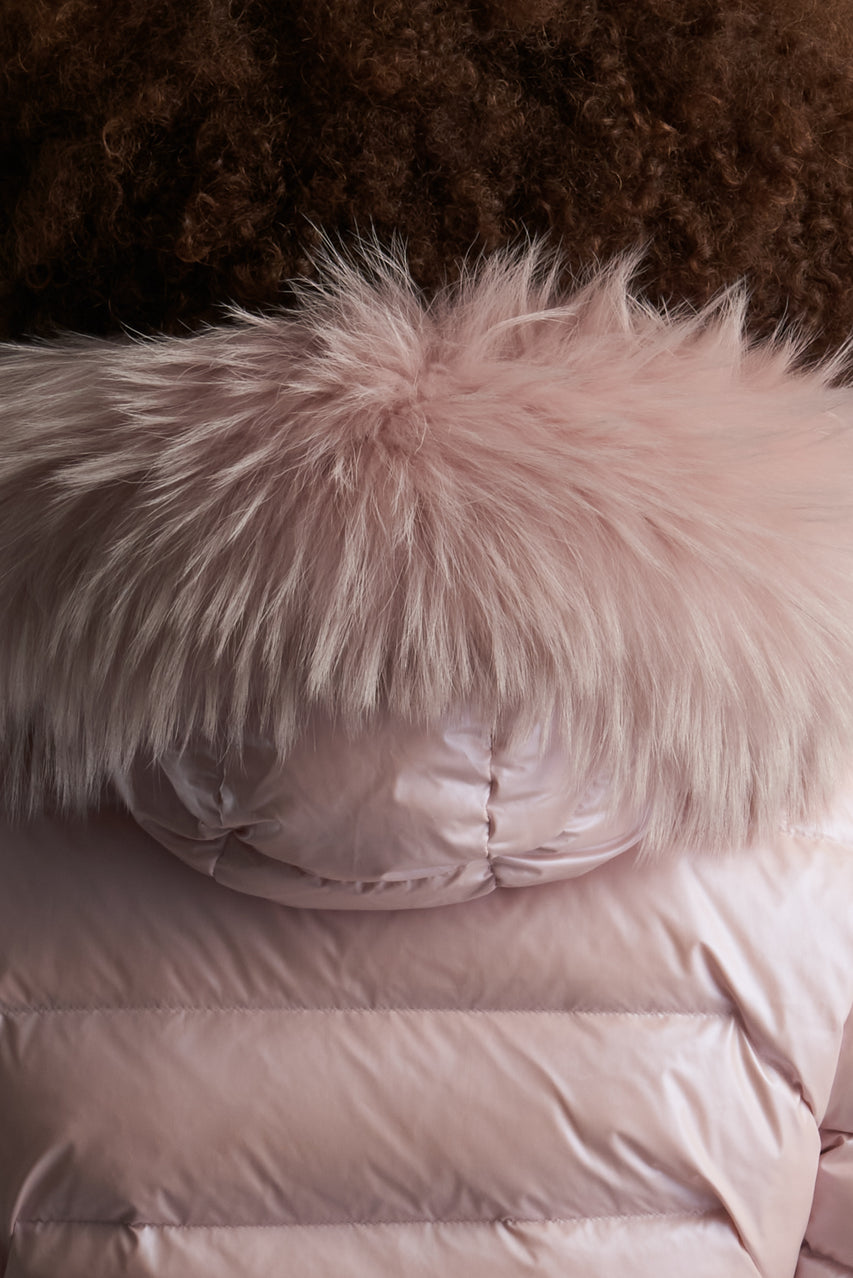 Close Up View of Unisex Feldspar Pink Fur Hood Trim by Reeev