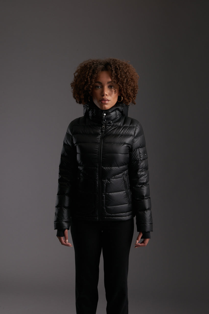 Front of Women's Carbon Black Insulated Lightweight Down Jacket by Reeev