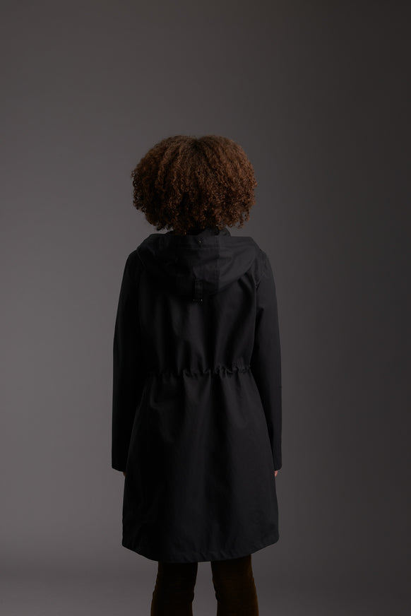 Back of Womens's Carbon Black Waterproof Urban Parka Jacket by Reeev