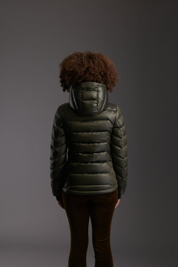 Back of Women's Moss Green Insulated Lightweight Down Jacket by Reeev